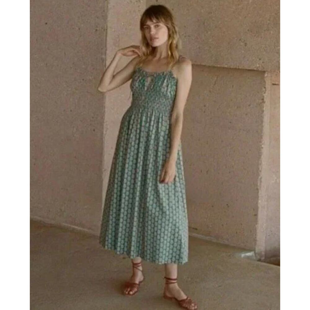 DOEN Sz L Large Rhoda Dress Sunrise Paisley Teal Tie Shoulder Midi